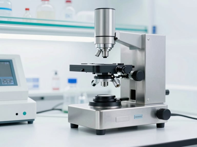 Macro shot of a clean laboratory environment, stainless steel equipment, bright high-key lighting, sterile but premium, 85mm