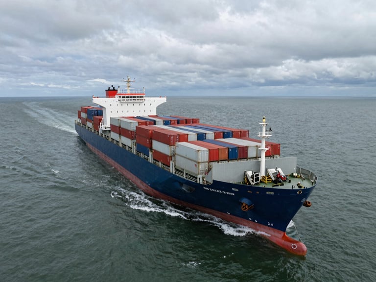 Overhead wide-angle view of a shipping vessel navigating under heavy overcast sky in the Tasman Sea, deck loaded with stacked containers in red and grey, dark green-grey water stretching to the horizon on both sides, natural diffuse daylight