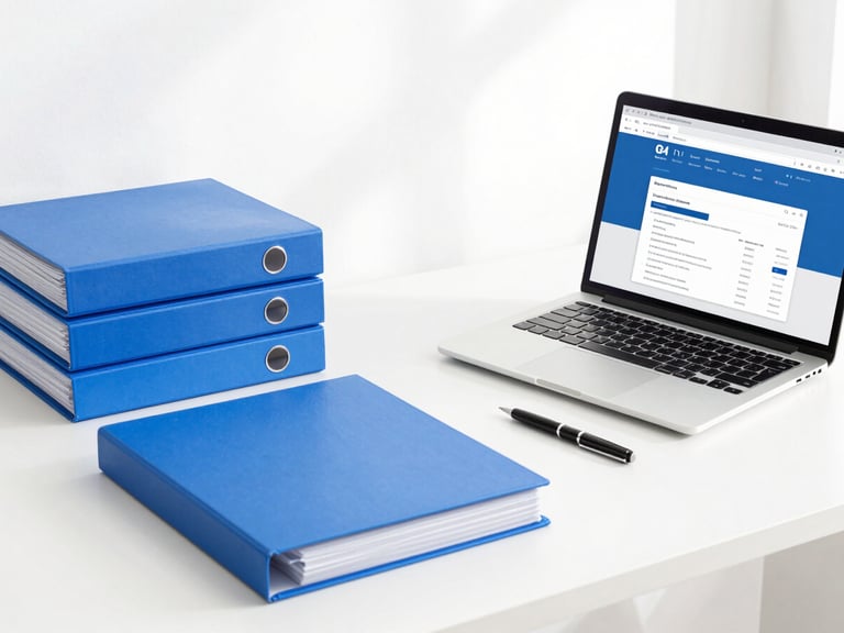 A clean, bright modern office desk with organized blue folders, a laptop displaying an application portal, and a pen, high-key daylight, 35mm lens