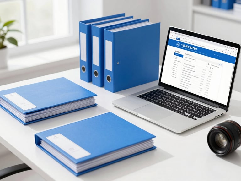 A clean professional desk with organized blue folders, a laptop displaying an official application portal, bright natural office daylight, 35mm lens