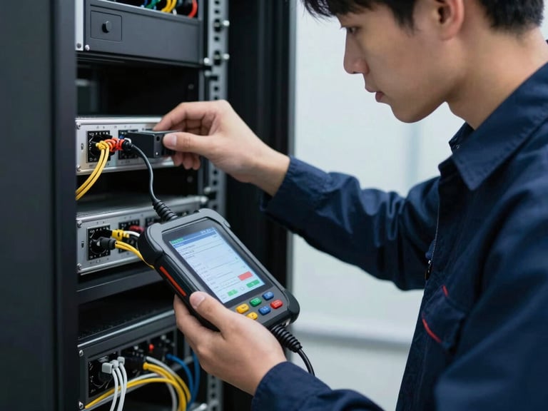 Close-up of a professional IT technician in a dark blue uniform testing server connections with a digital diagnostic tool, bright focused lighting, clean industrial background.