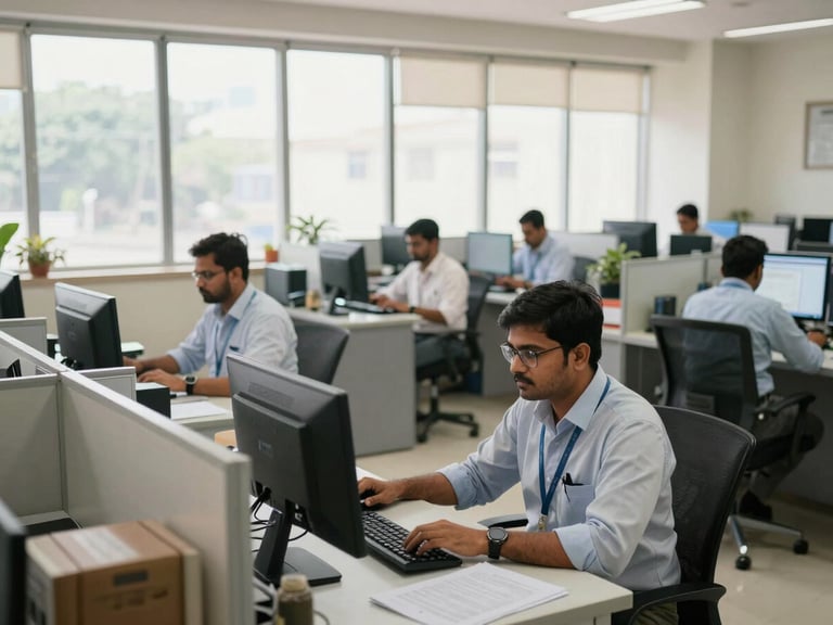 Wide environmental shot of a modern, organized government administrative office in India, professional staff working at clean computer terminals under bright natural window light.