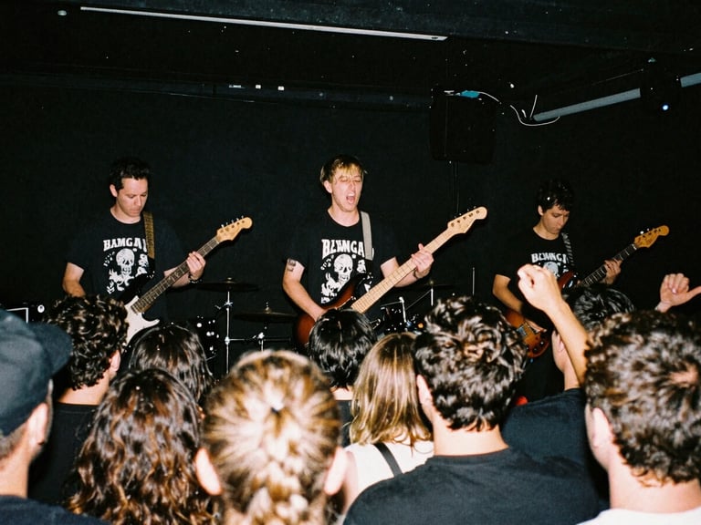 High-contrast flash photography of a punk rock band performing on a small stage, blurred crowd in front, raw energy, 35mm grain