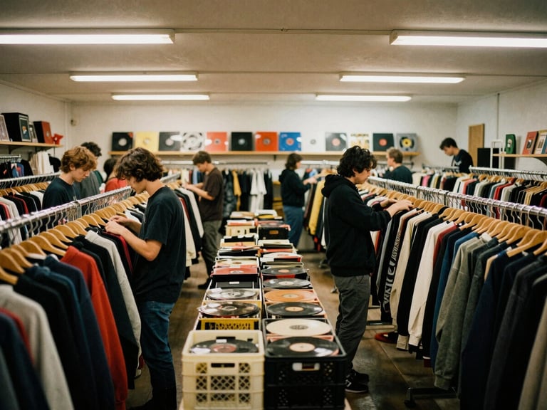 Wide-angle action shot of people browsing clothes racks and vinyl crates at a solidarity shop, warm indoor ambient light, candid moments