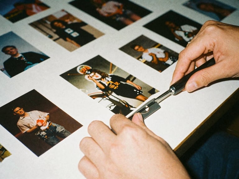 Close-up candid shot of hands cutting paper and gluing images for a fanzine, DIY aesthetic, warm ambient light, analog film grain