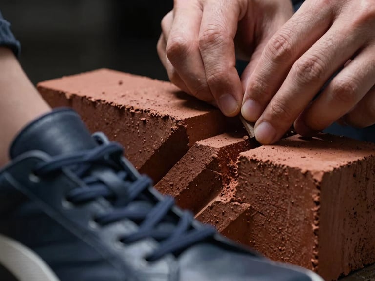 Macro close-up of hands carefully snapping a dark red brick onto a complex geometric sculpture, leather sneaker textures visible in the blurred foreground, dramatic side lighting.