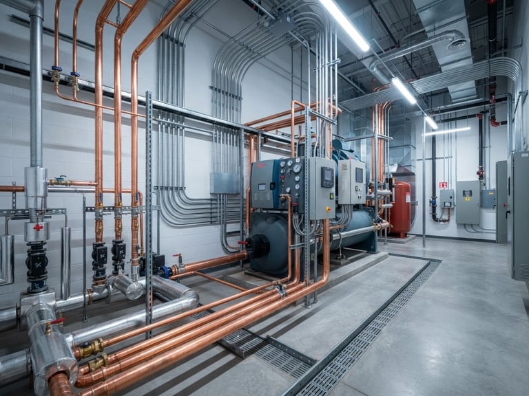 Wide-angle architectural view of a pristine commercial mechanical room, high-contrast utility lighting reflecting off polished copper pipes and steel conduits, crisp technical focus.
