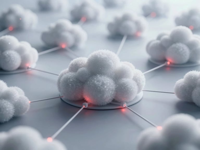 Abstract visualization of cloud infrastructure and network connections, with subtle red light accents, representing robust business solutions.
