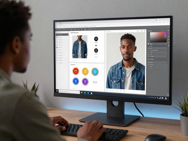 Wide shot of a professional African designer reviewing a digital portfolio on a large monitor in a modern home office, screen showing project mockups and skill badges, cool LED ambient light behind the monitor, medium shot showing hands on keyboard and face in focus