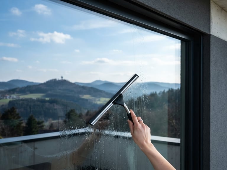 Crisp architectural photography of a modern house window in Albstadt, a squeegee pulling water off the glass, revealing a sharp reflection of the Swabian Alb landscape under bright natural daylight, cool blue and slate tones, high contrast.