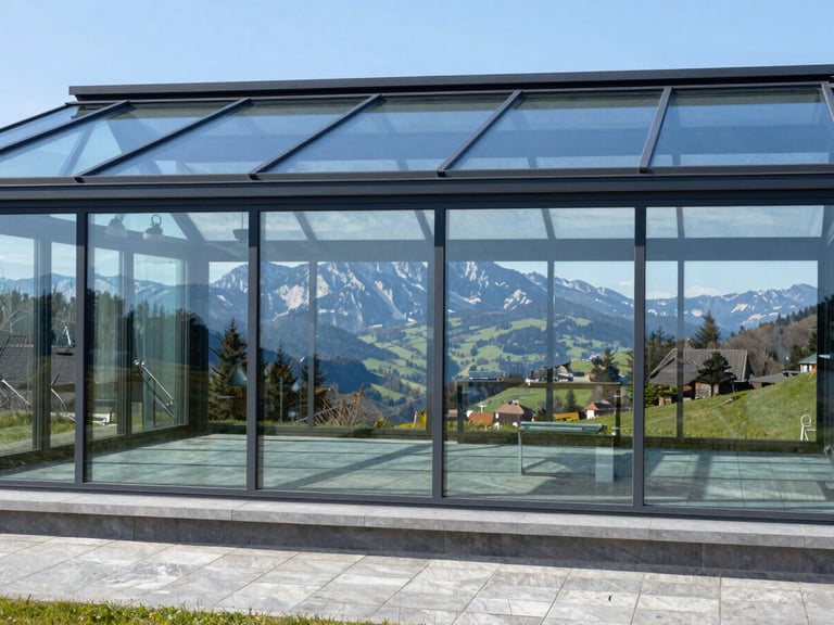 Wide architectural shot of a modern conservatory with large, clean glass panels, reflecting the surrounding Swabian Alb landscape, bright natural daylight, sharp contrast, cool blue tones