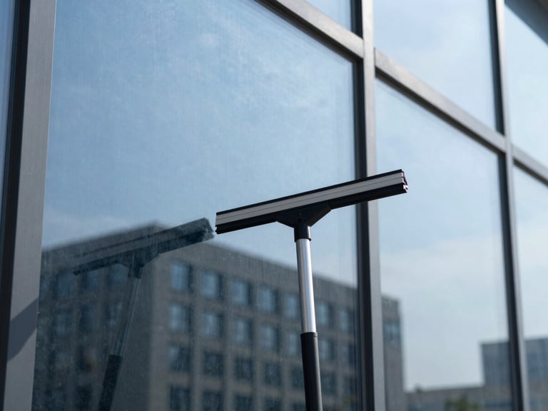 Close-up of a squeegee moving across a large, clean window, revealing a pristine reflection of the sky and a modern building, bright natural daylight, sharp contrast, cool blue tones