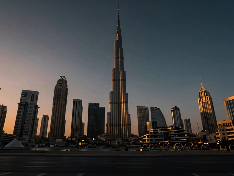 Cinematic wide-angle shot of the Dubai skyline at golden hour, dramatic twilight shadows stretching across iconic skyscrapers, warm ambient glows.