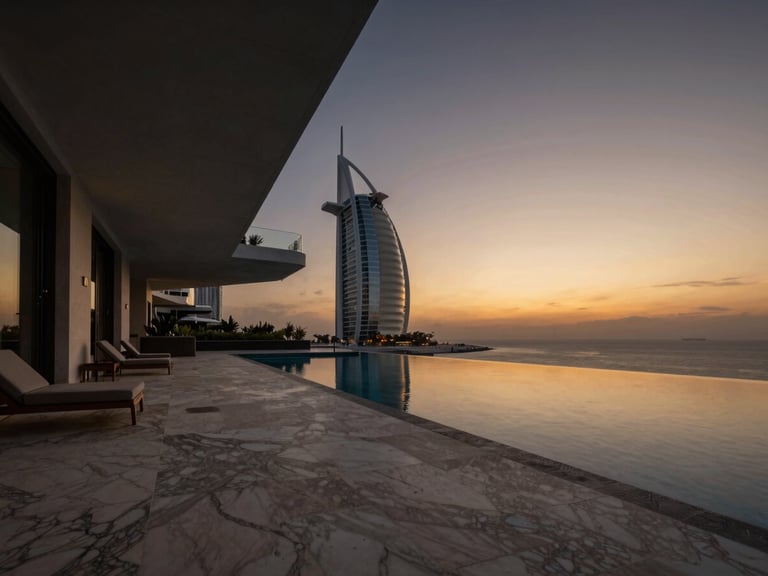 Dramatic low-angle view of a private penthouse terrace on Palm Jumeirah at golden hour, marble flooring, infinity pool reflecting the twilight sky