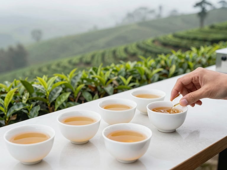 A professional tea tasting setup with white porcelain cups filled with varying shades of amber tea, Colombo export facility background