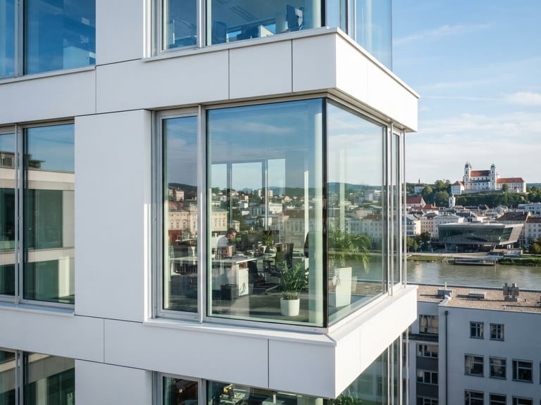 Bright architectural photography of a sunlit office window in Linz, crisp glass reflections, clean natural daylight, 35mm