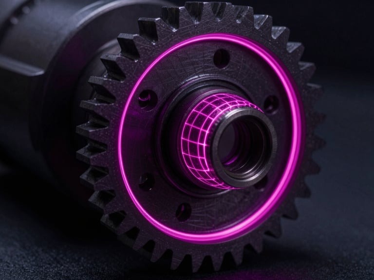 A highly detailed industrial gear with glowing magenta laser wireframe overlay, dark technical product photography, macro details, 35mm