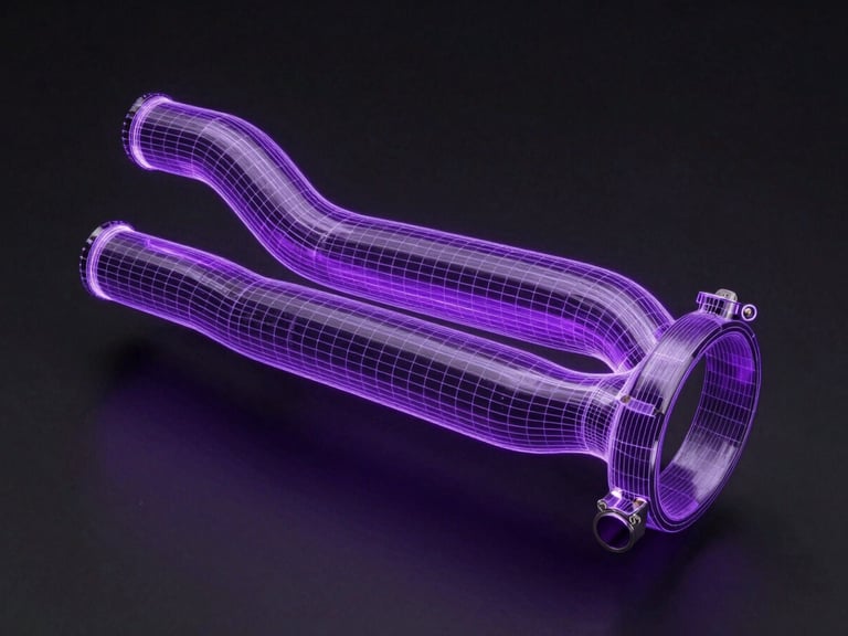 A clean CAD wireframe model of a custom automotive manifold, glowing purple lines on a dark background, technical orthographic view