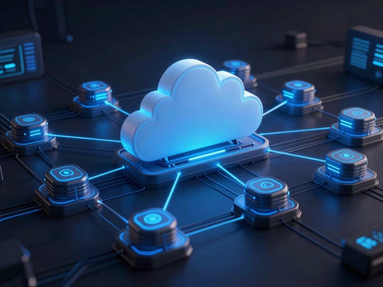Abstract architectural diagram of cloud infrastructure, glowing blue connections, dark mode 3d render, wide topology.