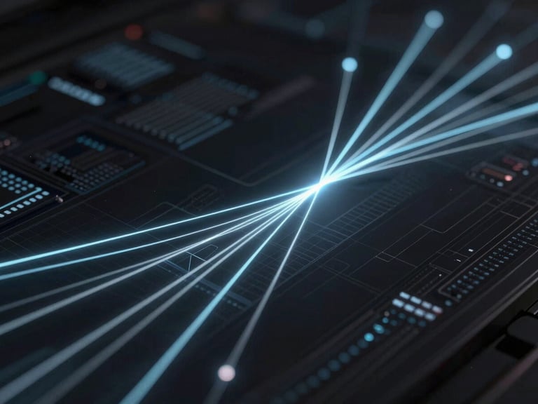 Abstract data flow visualization, glowing lines indicating active connections, dark mode 3d render, high contrast.