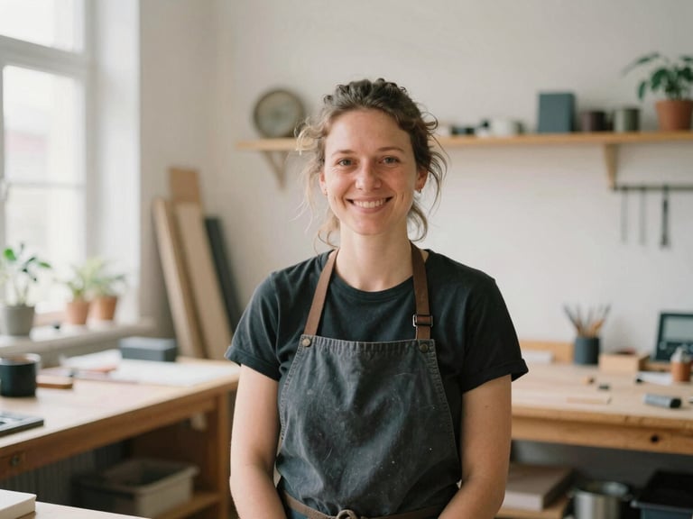 Intimate environmental portrait of a local female workshop owner in Germany, soft natural daylight, warm organic tones, authentic smile, 35mm film look