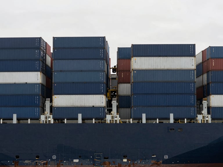 Wide shot of a cargo ship being loaded at a modern port, containers stacked geometrically, neutral overcast daylight, desaturated navy and gray tones, sharp architectural focus, 35mm lens, no people.