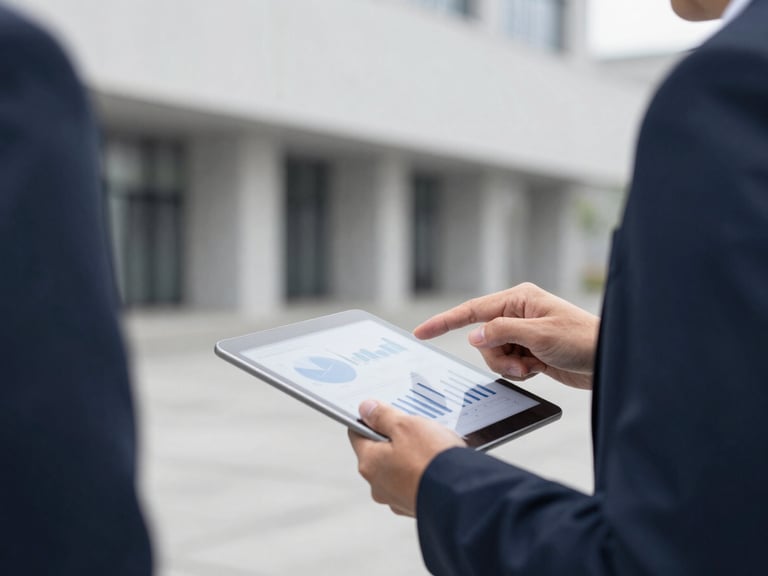 Close-up of a professional business consultation, two people reviewing a tablet with charts, clean architectural background, neutral daylight, desaturated navy and gray tones, sharp focus, 35mm lens, no faces clearly visible.