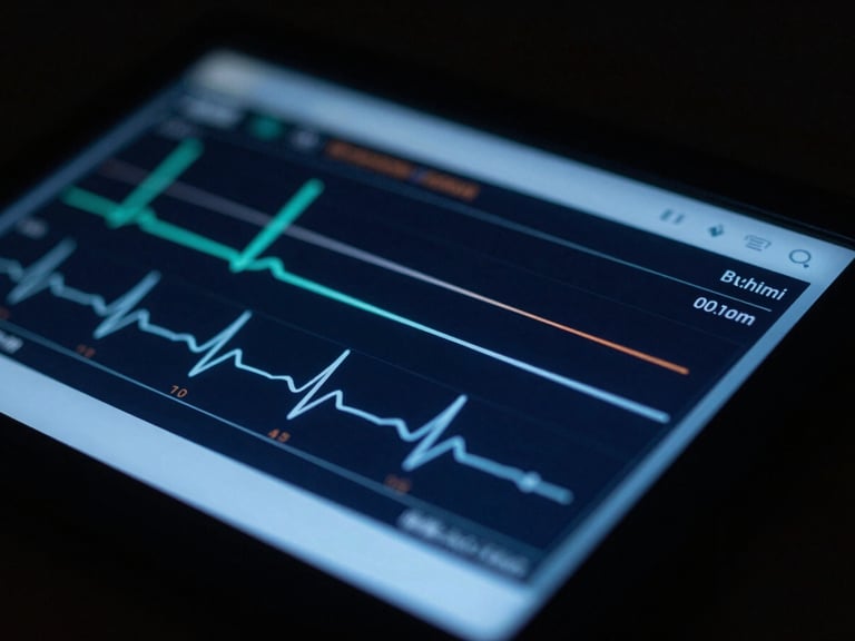 Macro shot of a medical tablet screen showing real-time heart rate telemetry, crisp UI elements, low-key lighting with cool cobalt accents
