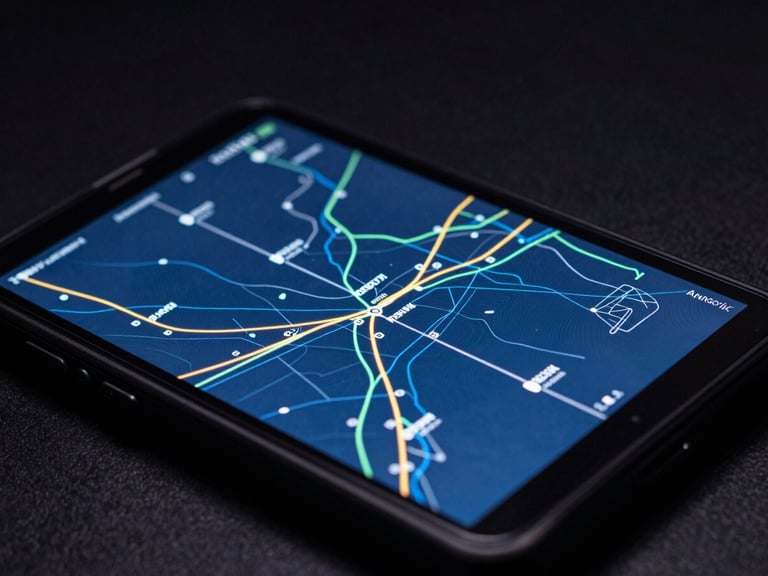 Macro photo of a rugged Android device screen showing real-time telemetry maps, low-key dramatic studio lighting, deep obsidian background