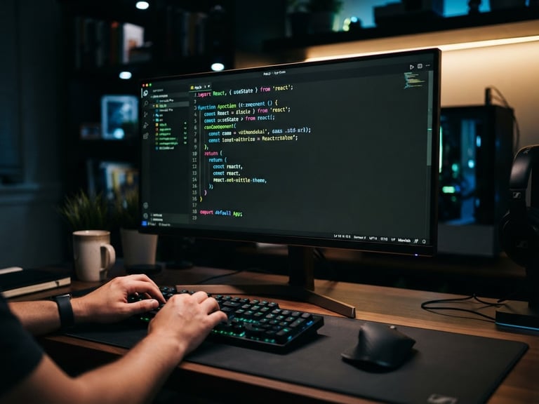 Sharp tech photography of a clean developer workspace, a dark screen displaying organized React code with electric green accents, shallow depth of field, 35mm lens, high contrast