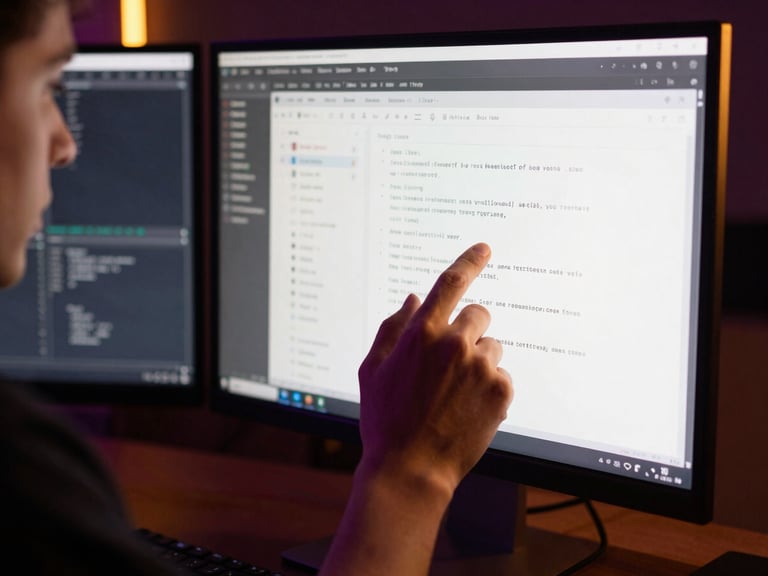 Close-up of a developer analyzing a UI wireframe on a dual monitor setup, sharp purposeful shadows, neon amber edge-lights, modern workspace.
