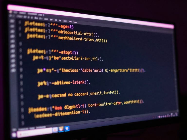 Macro shot of clean code on a dark monitor, glowing neon magenta edge-lighting, 3D glass refractions of data flow, low-key dramatic studio lighting, wide angle.