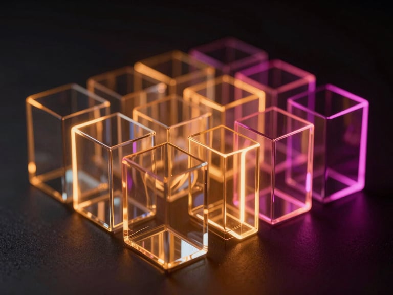 Abstract 3D glass and light refractions representing AI data processing, neon amber and magenta edge-lights, dark ambient background, macro lens.