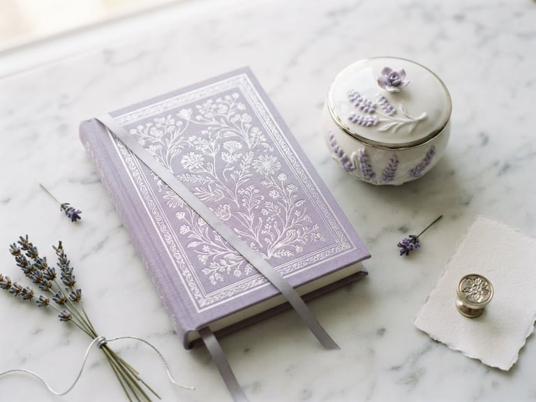 Elegant flatlay of a silver-embossed linen journal and a delicate porcelain keepsake on a white marble surface, soft morning window light, lavender tones, shallow depth of field, 35mm