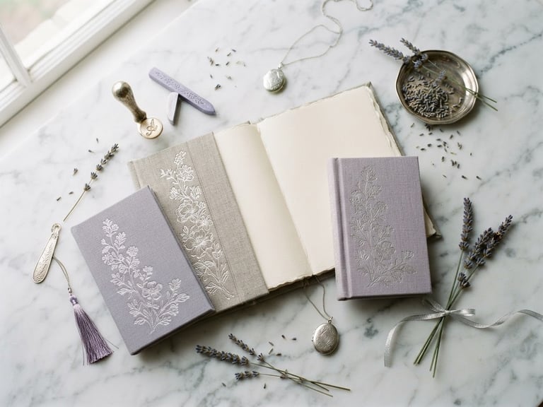 Elegant flatlay of linen journals and silver-embossed keepsakes on a white marble surface under soft morning light, lavender accents.