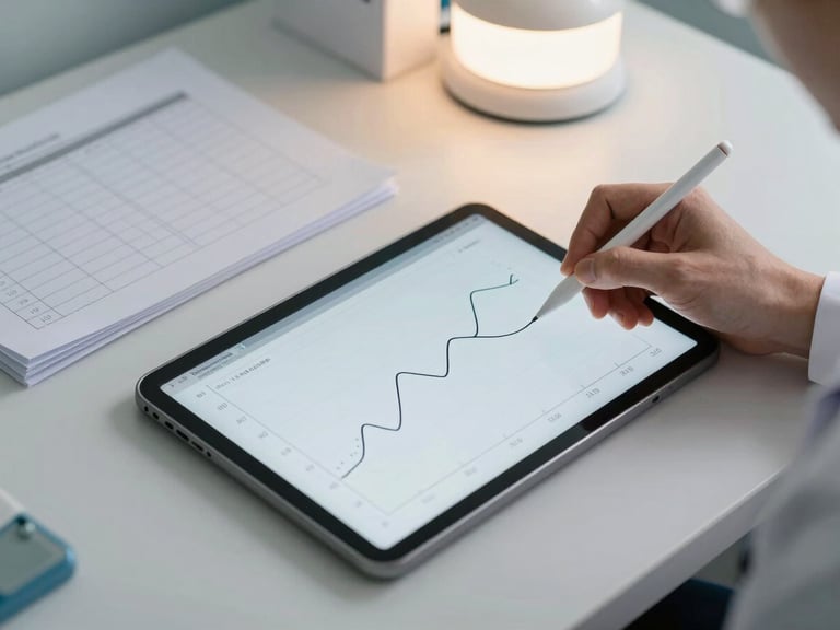 Wide shot of a clinical workspace under soft desk lamp light: a tablet lying flat on a clean surface showing smooth line-graph data evolving over months, a physician's hand navigating the screen with a stylus, papers with chronological notes arranged to the left — overhead angle, no faces, no medical devices