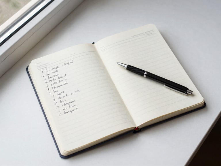 Overhead flat-lay of a clinical notebook open to a timeline of handwritten health notes arranged chronologically, a pen resting on the page, natural window light from the upper left, clean white surface, no faces visible