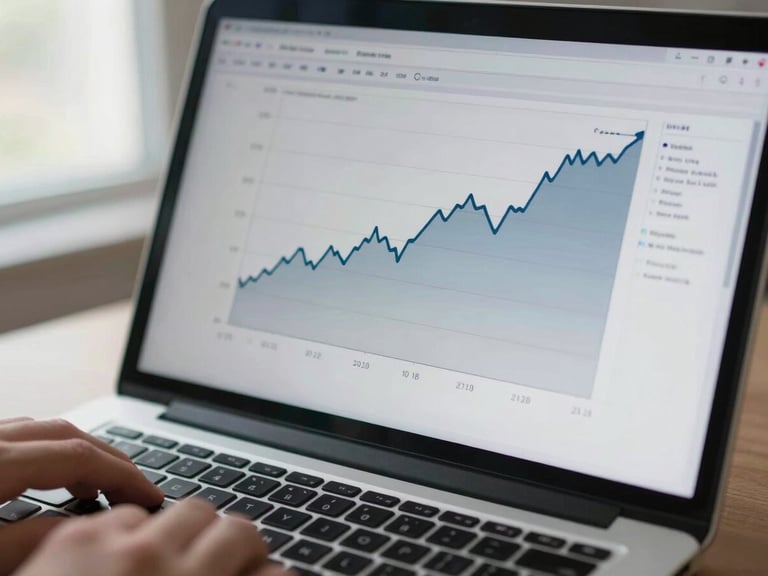 Close overhead view of a laptop screen displaying a soft upward-trending line graph with multiple data layers in muted blues and grays, clinical notes visible alongside the chart, a hand resting near the keyboard, natural window light from the left, shallow depth of field on the screen surface