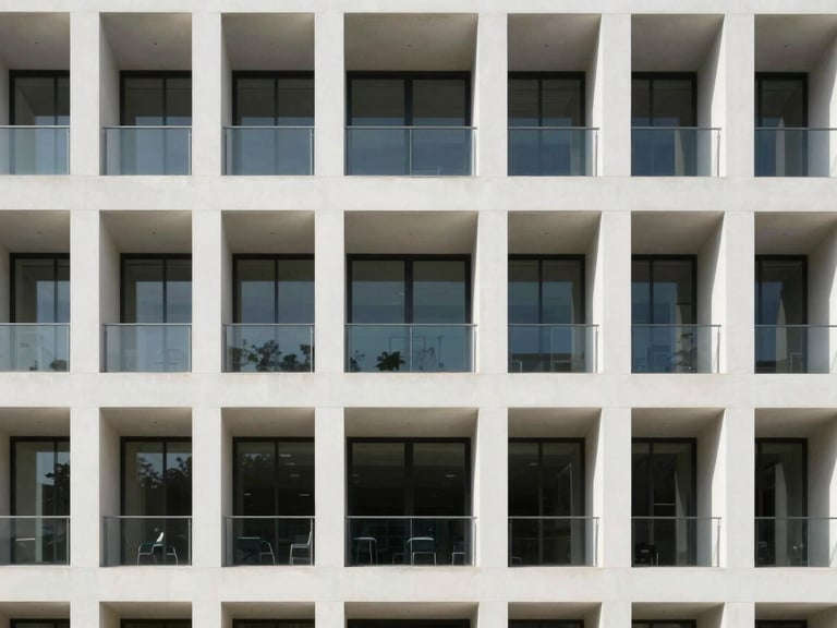 Crisp architectural photography of a modern minimalist office building facade in Tuxpan, bright natural daylight, clean geometric lines, sharp focus, 35mm