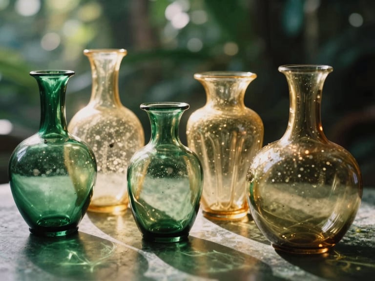 Soft colored light filtering through hand-blown green and gold glass vessels onto a calm surface, mystical atmosphere, 35mm.
