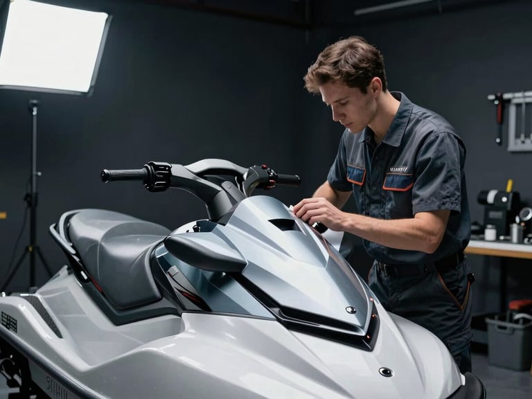Medium shot of a clean, organized workshop bay with a mechanic meticulously inspecting a jet ski's hull, cool studio lighting, tools neatly arranged, dark background.
