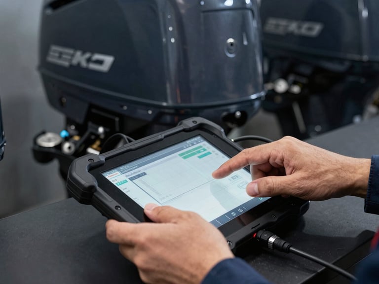 Close-up of a mechanic's hands operating a diagnostic tablet connected to an outboard motor, screen showing technical data, cool studio lighting, sharp focus on hands and screen, organized dark workshop background.