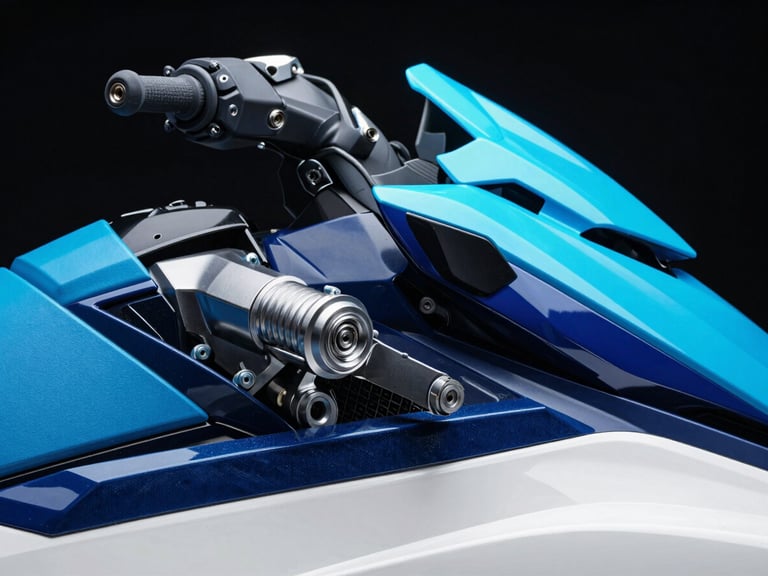 Detailed macro shot of a polished high-performance jet ski engine component, metallic sheen, cool blue and cyan accents, high contrast, sharp details, dark background.