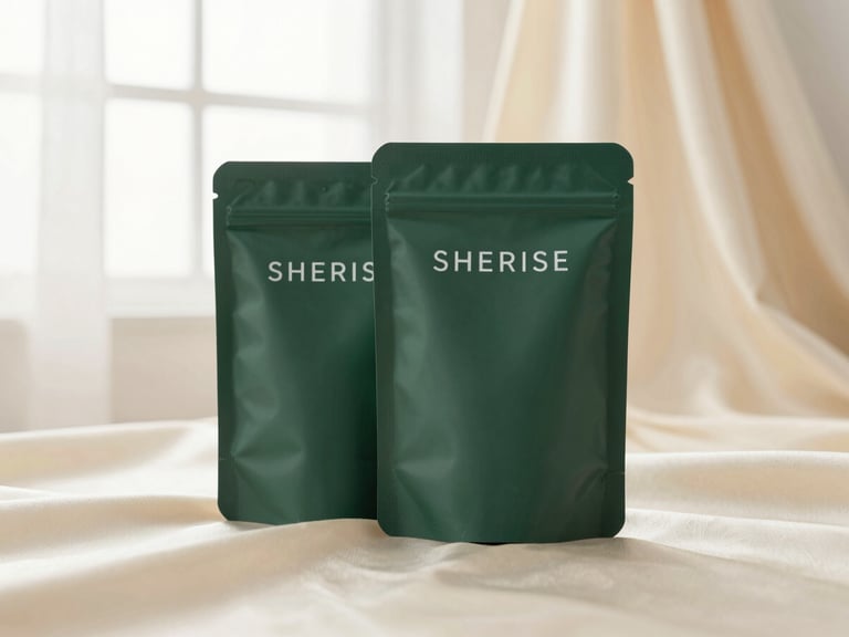 Still life of SHERISE mixed flow pack packaging, elegant and minimalist, on a warm silk cream background, soft morning window light.