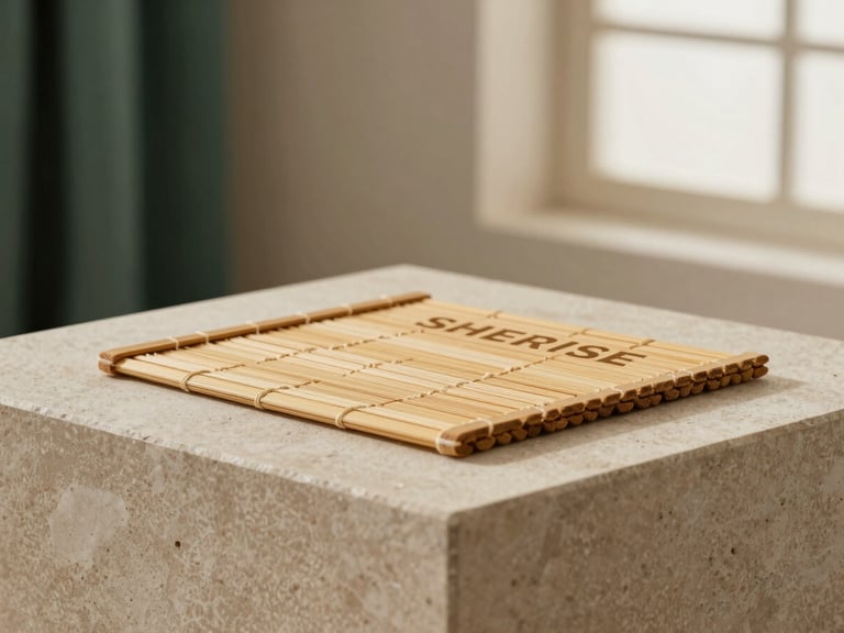 Elegant product packaging on a stone plinth, with a single SHERISE bamboo pad, warm diffused side-lighting, muted silk cream and deep forest green tones.