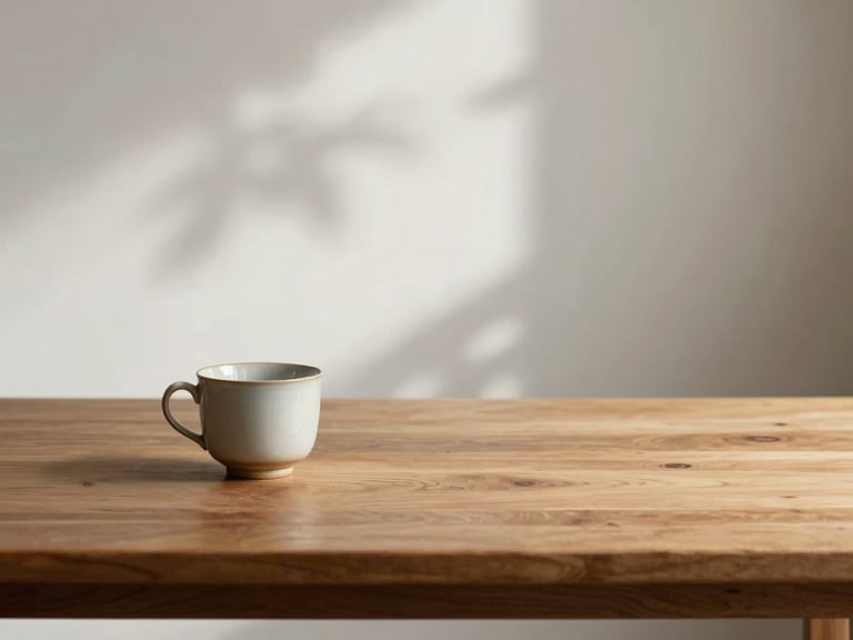Soft diffused daylight falling on an empty warm wooden table with a ceramic cup, soft shadow of leaves on the wall behind, calm and serene mood, wide composition.