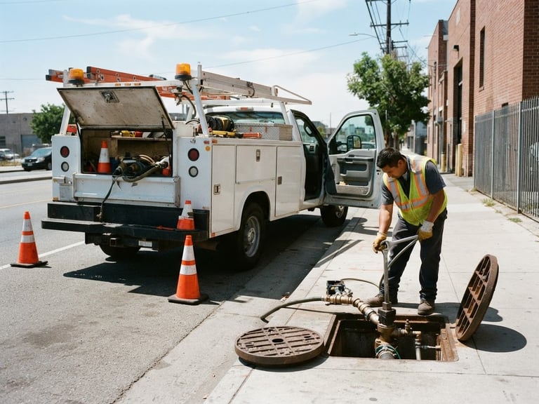 A high-contrast 35mm shot of a branded utility truck parked near an open municipal water valve, bright natural daylight, crisp technical details.