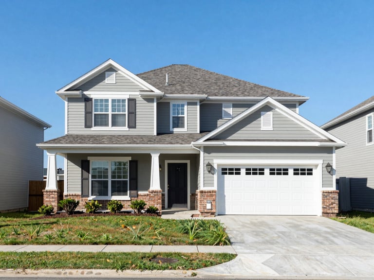 Straight-on architectural shot of a well-maintained suburban home exterior under bright, clear daylight.