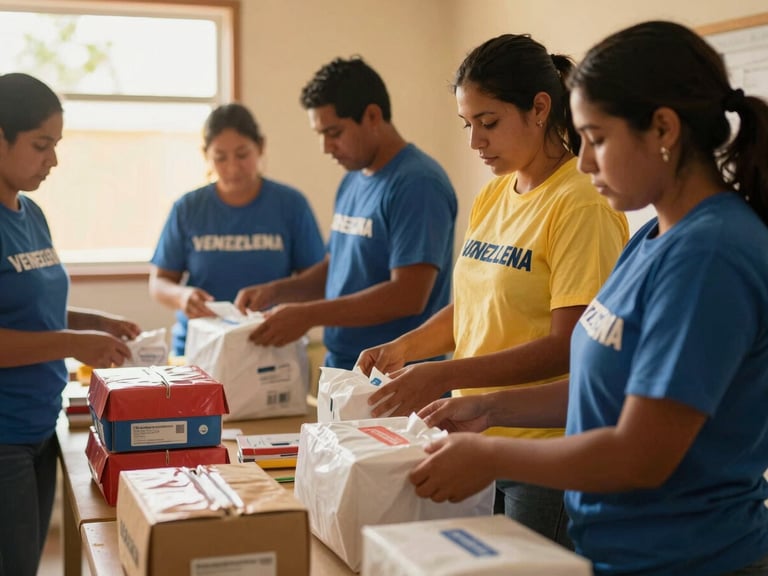 Warm editorial photography of Venezuelan community volunteers organizing medical supplies in a brightly lit room, soft golden-hour natural light, 35mm