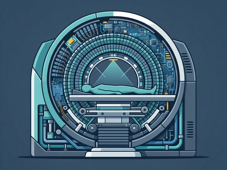 Flat vector illustration of a PET scanner cross-section, clean geometric lines, clinical teal and slate blue, high-contrast digital render